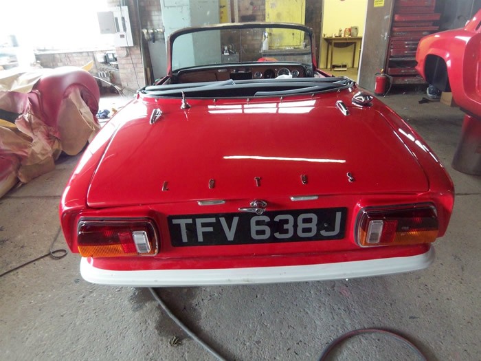 Rear view of the finished red Lotus Elan Sprint